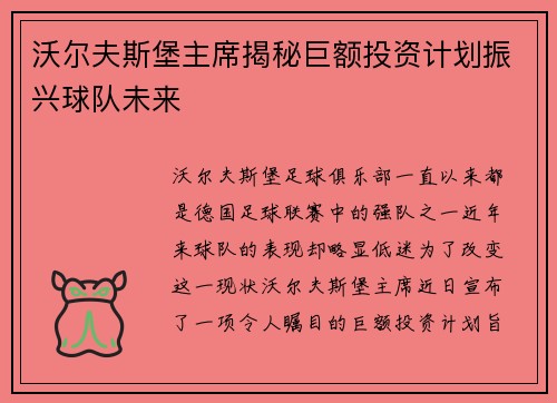 沃尔夫斯堡主席揭秘巨额投资计划振兴球队未来